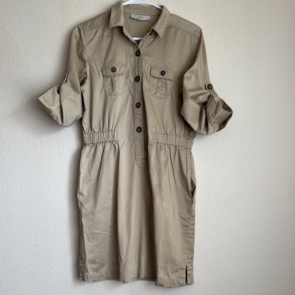 LOFT Tan 3/4 Sleeve Notched Collar Dress